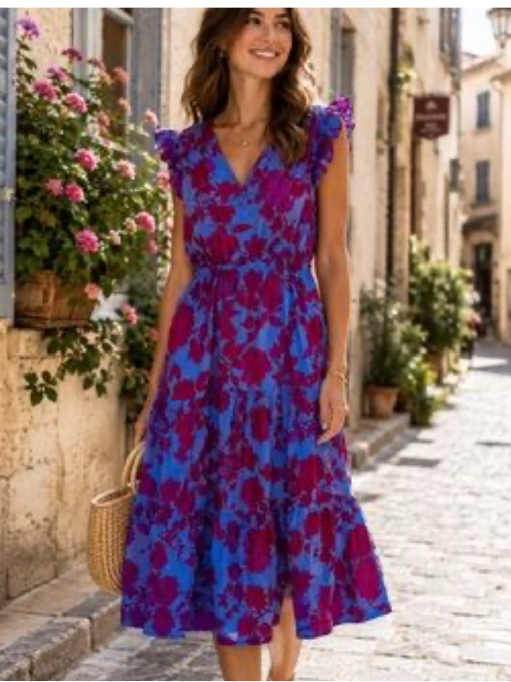 J. Crew Blue and Magenta Floral Tiered V‑Neck Midi Dress